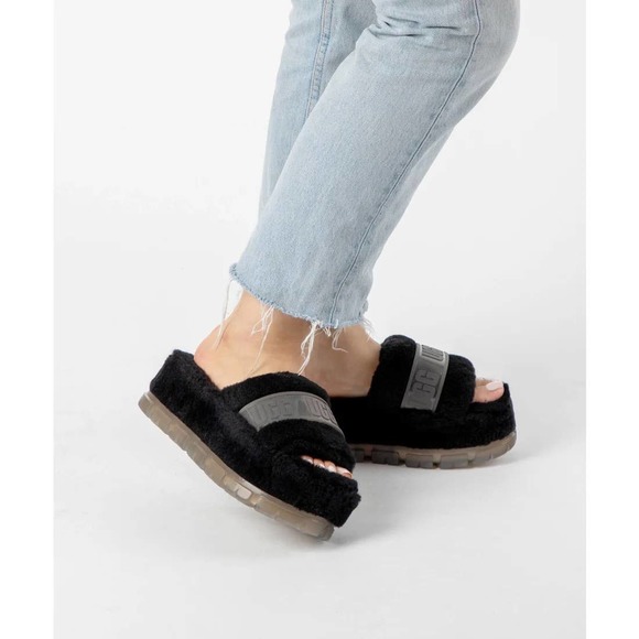 NIB UGG Australia Fluffita 9 40 Black Clear Platform Slide Slipper Sandals - Picture 10 of 12